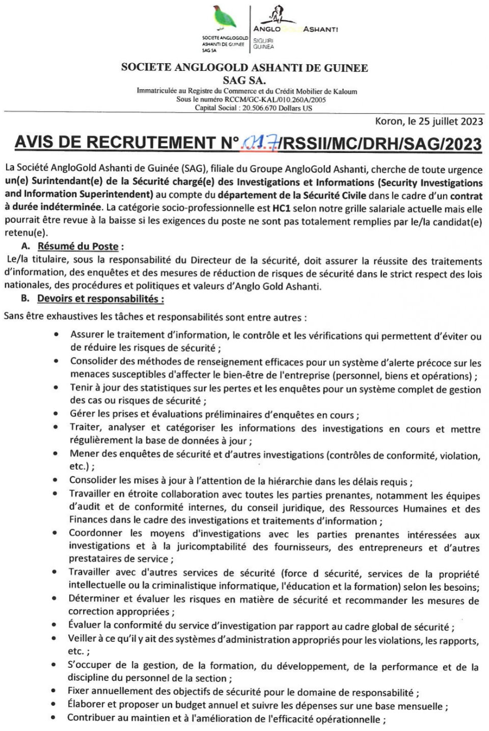 Avis de recrutement d'un(e) Surintendant(e) de la Sécurité chargé(e) des Investigations et Informations (Superintendent Security Investigations and Information) | Page 1